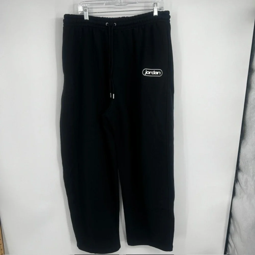 Jordan Men's Large Fleece Wide Leg Black Sweatpants Logo Drawstring RN56323